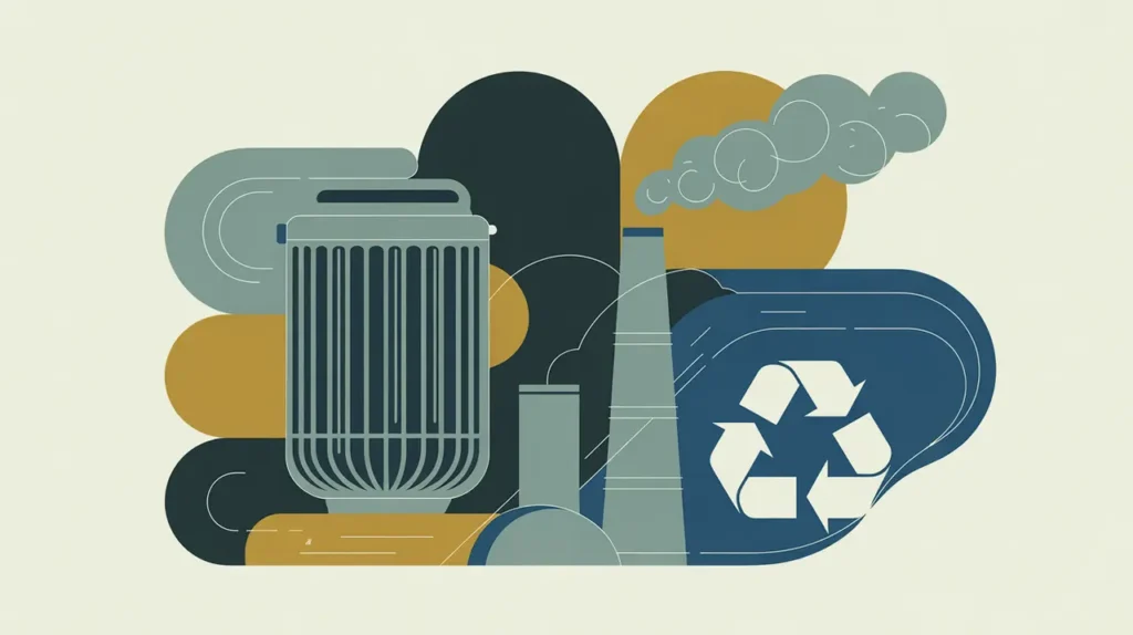 Illustration of air filter, smokestack with scrubbers, and recycling symbol