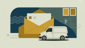 Illustration of envelope, delivery van, and digital parcel tracking screen