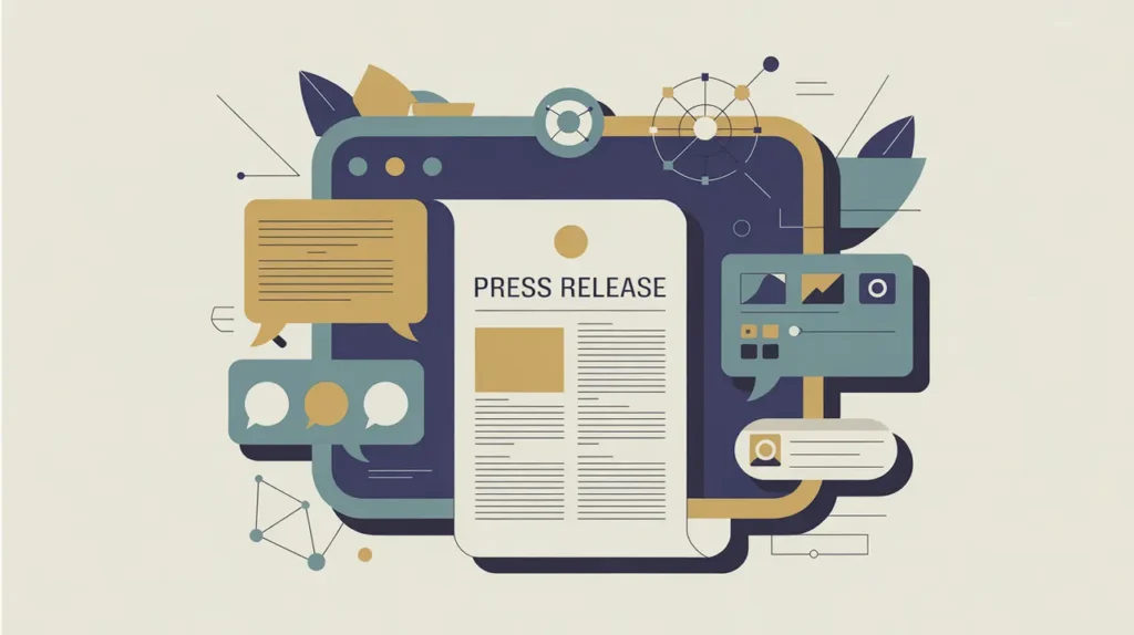 Illustration of megaphone, press release, and digital media dashboard with speech bubbles and network icons