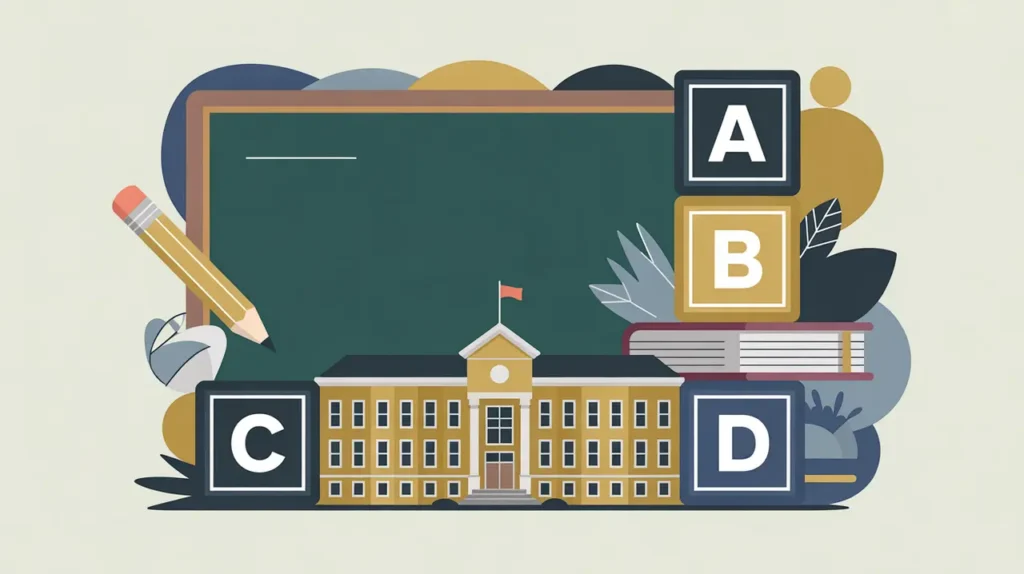 Illustration of chalkboard alphabet blocks and school building with educational icons
