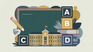Illustration of chalkboard alphabet blocks and school building with educational icons