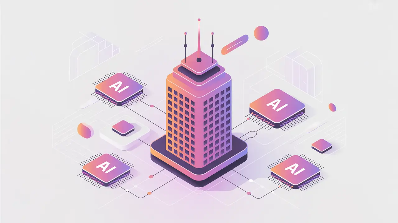Tech office tower connected to servers and AI chips with pink and neon purple accents