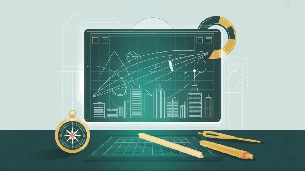 Digital blueprint screen with financial charts over city skyline on desk