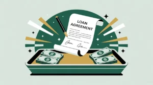Signed loan agreement with funds released into tray in modern illustration