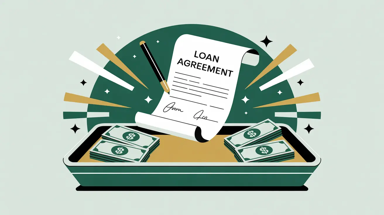 Signed loan agreement with funds released into tray in modern illustration