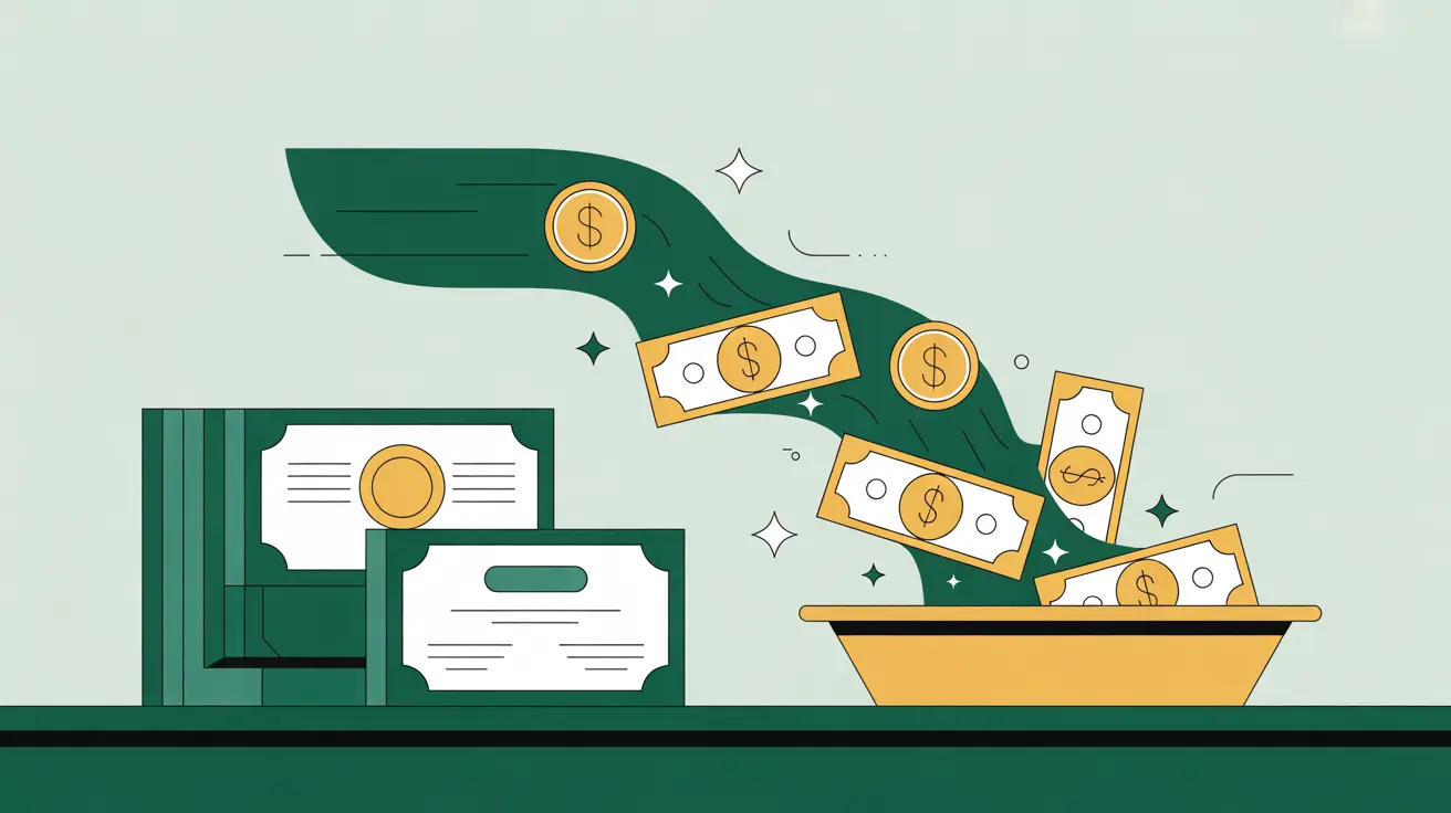 Illustration of contract exchange with flowing water into open hands symbolizing sales proceeds