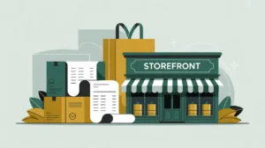 Stylized storefront with product boxes and receipts representing sales and enterprise income