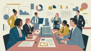 Professionals collaborating at boardroom table with documents and laptop