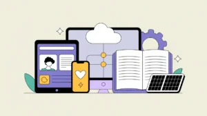 Illustration of digital devices connected to a program hub with support icons
