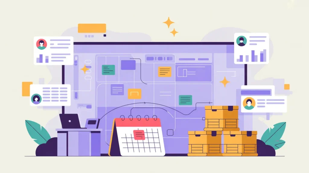 Illustration of program readiness with workstations, calendar, and resource crates