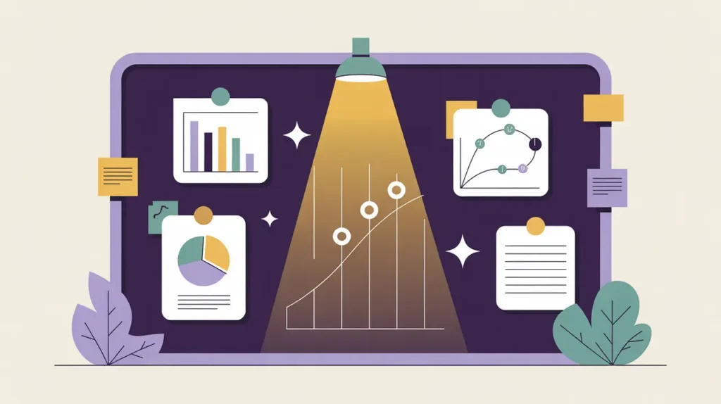 Illustration of program evaluation with charts and reflection notes on board