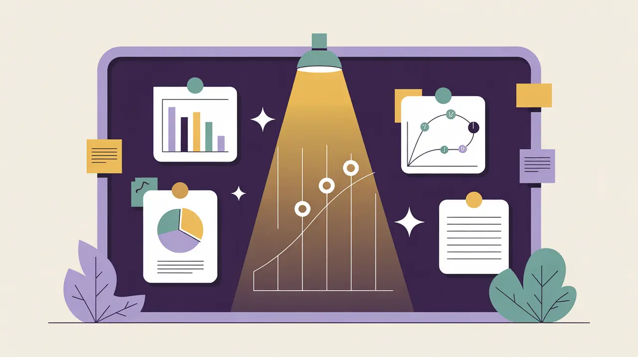 Illustration of program evaluation with charts and reflection notes on board
