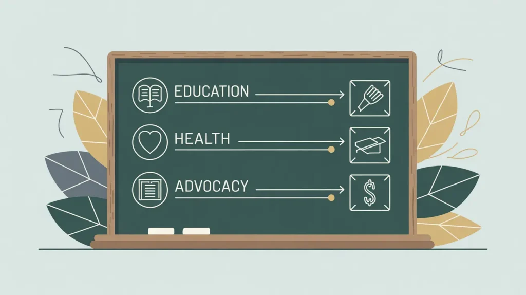 Chalkboard with education health advocacy icons connected to expense markers