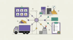 Circular operations scene with recruitment, logistics, training, and compliance icons
