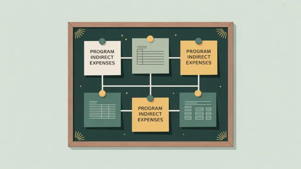 Illustration of corkboard with sticky notes connected by lines representing indirect cost sharing