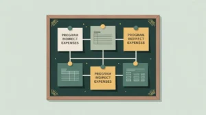Illustration of corkboard with sticky notes connected by lines representing indirect cost sharing