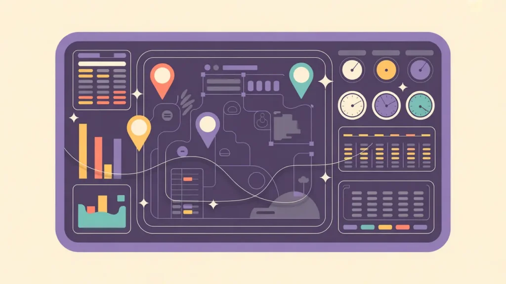 Control panel with map, charts, and performance indicators for program monitoring