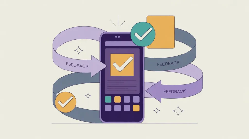 Illustration of program piloting with model, feedback arrows, and checkmarks