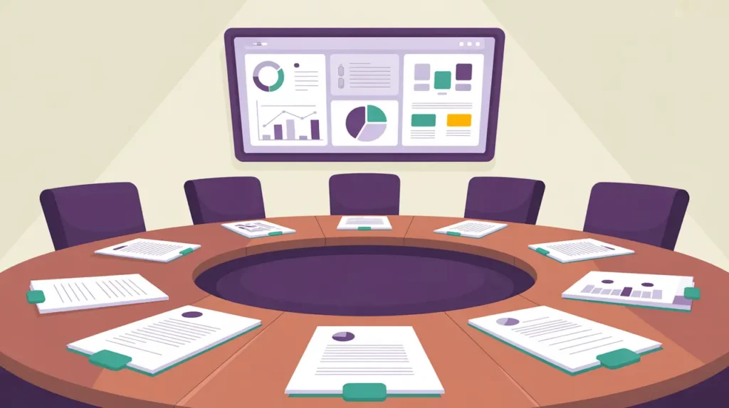 Circular boardroom with digital screen showing charts and reports