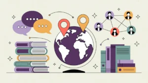 Circular research hub with community dialogue, globe, reports, and network icons
