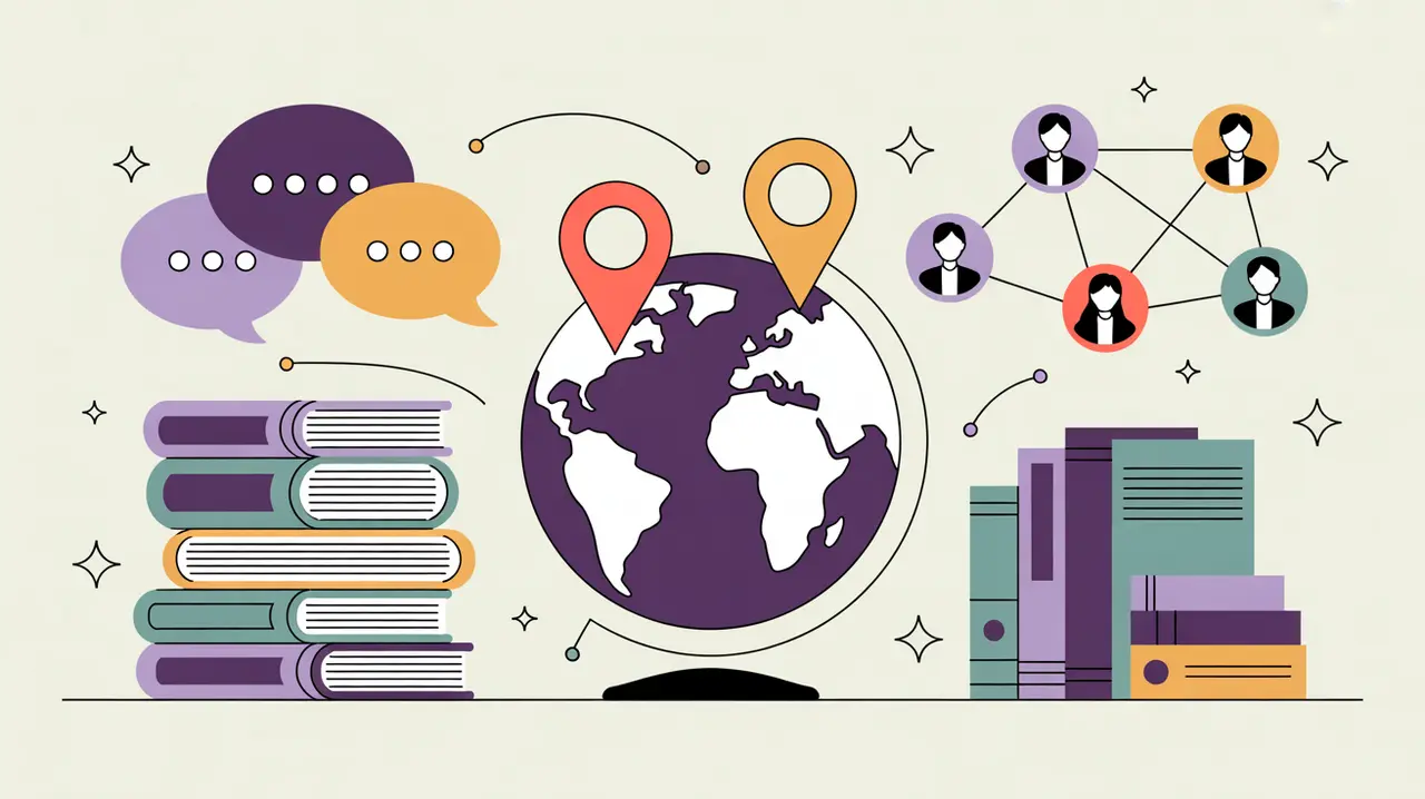 Circular research hub with community dialogue, globe, reports, and network icons