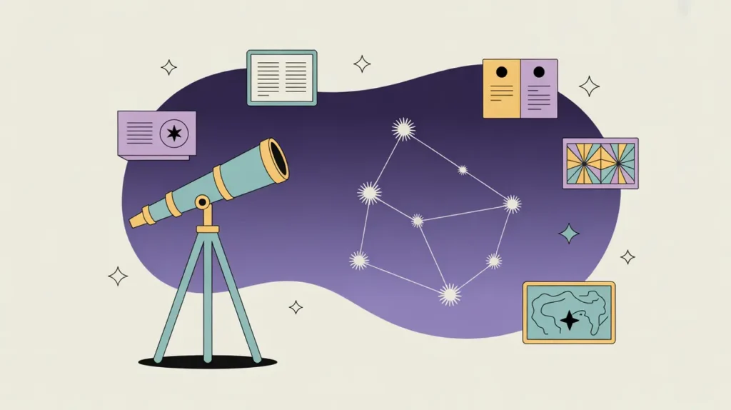 Illustration of telescope pointing to constellation above diverse figures at roundtable