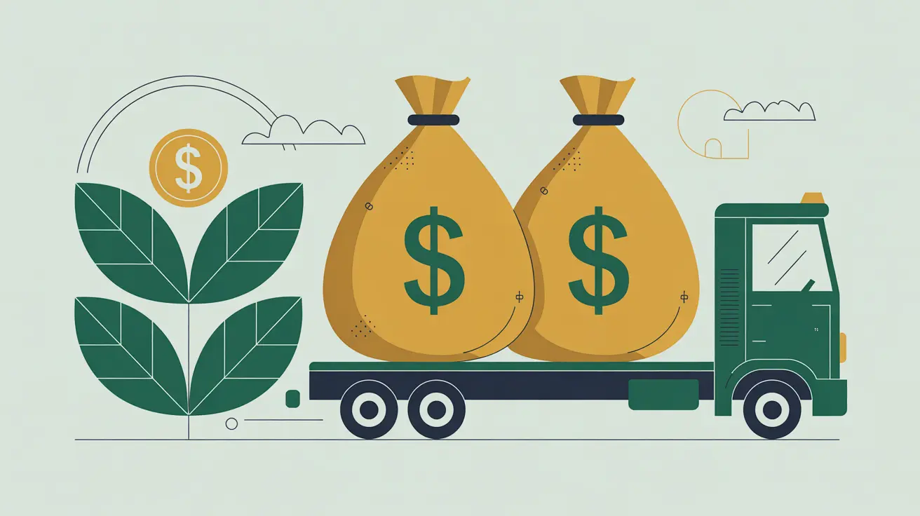 Truck delivering bags with dollar symbols to a farm representing programmatic funding
