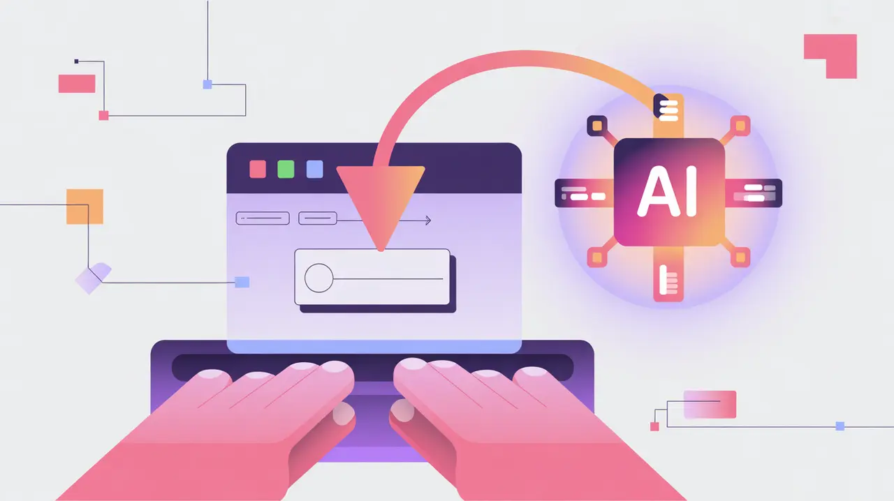User typing into command box feeding AI node with glowing output blocks