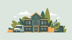 Illustration of campus with building, delivery van, and office equipment