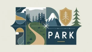 Illustration of park sign, forest trail, mountain peak with shield and tree icons
