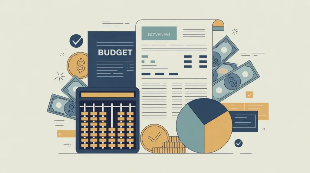 Illustration of government budget document, abacus, and pie chart with currency icons