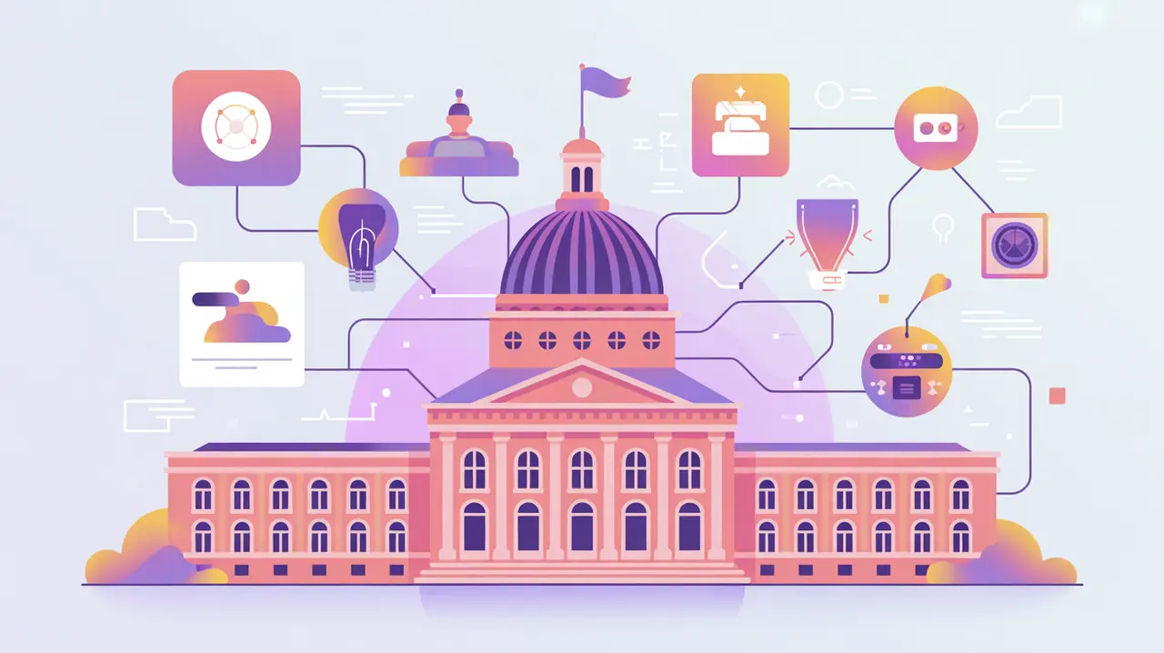 Government building connected to digital innovation icons in pink and purple