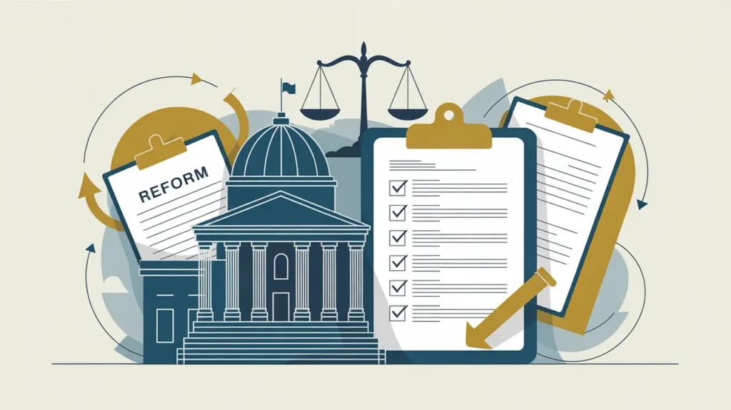 Illustration of government building with checklist clipboard and reform arrows with scales of justice