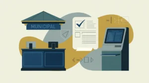 Illustration of municipal service counter with document stamp and computer kiosk