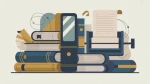 Illustration of stacked books, e-reader, and printing press with abstract icons