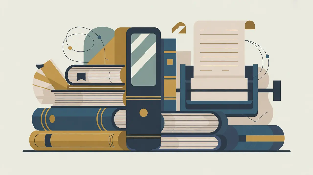 Illustration of stacked books, e-reader, and printing press with abstract icons