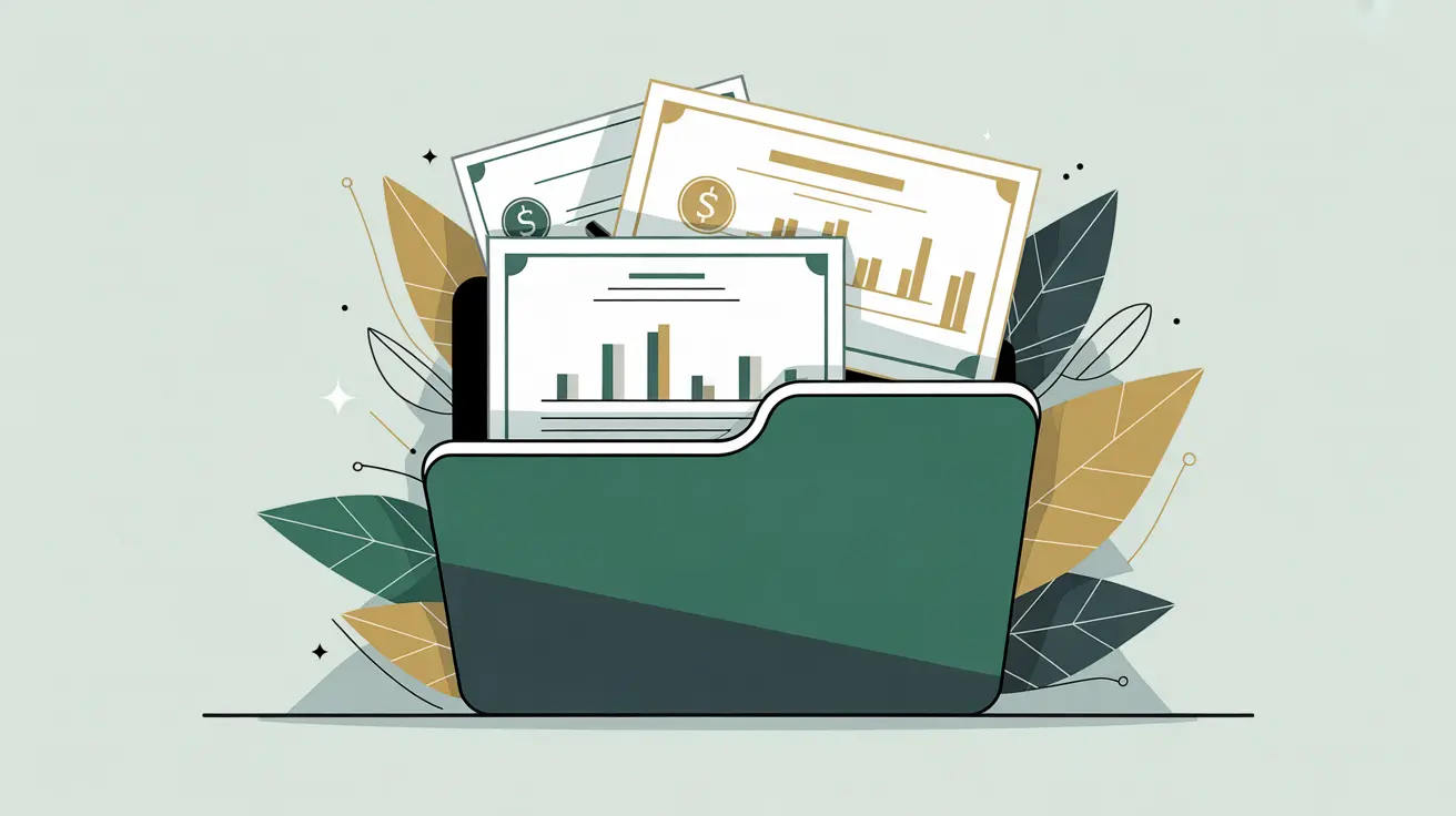 Illustration of folder with glowing investment certificates and charts