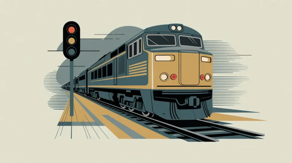 Modern train engine with rail tracks and signal light in vector style