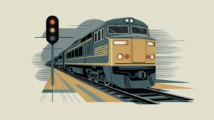Modern train engine with rail tracks and signal light in vector style