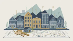 Illustration of residential and commercial buildings with keys and model house on map