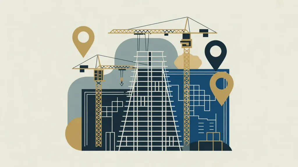 Illustration of construction cranes, building blueprints, and high-rise tower development