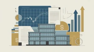 Illustration of financial chart, property documents, and modern office building with abstract dollar and arrow icons