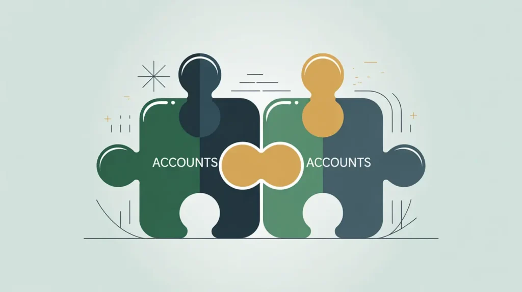Two glowing puzzle pieces labeled accounts fitting together symbolizing reconciliation