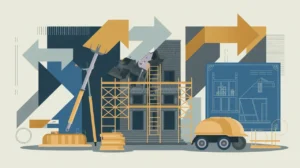 Modern house frame construction with blueprints and tools collage