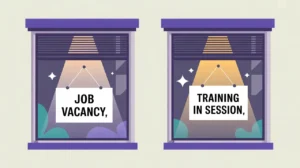 Illustration of two office windows showing job vacancy and training in session