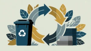 Illustration of recycling bins, circular arrows, and sorted materials with leaf icons