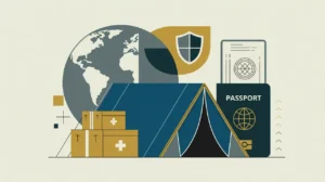 Illustration of tent, aid boxes, passport, globe, and safety shield icons