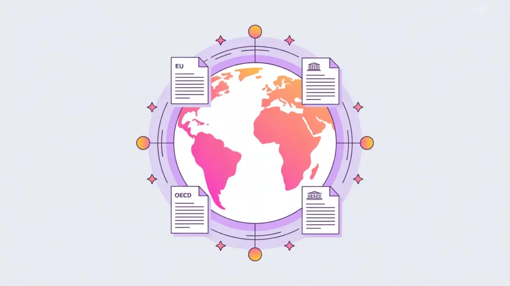 Globe surrounded by law document icons representing EU OECD UNESCO