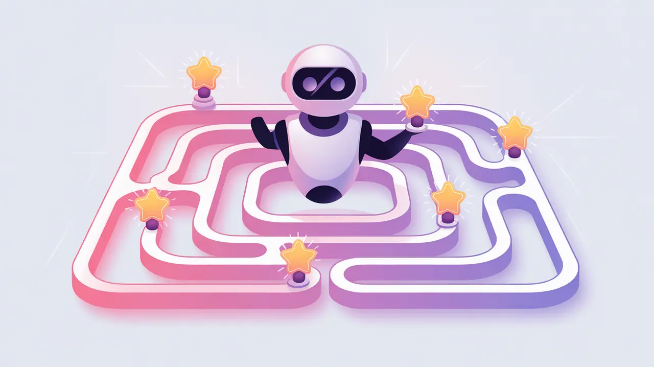 Agent navigating maze collecting glowing rewards in trial-and-error learning