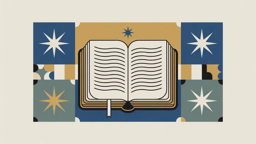 Illustration of religious symbols and an open book with geometric accents